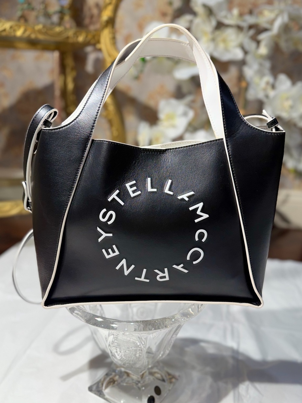 Stella McCartney Black and White Logo Circle Tote